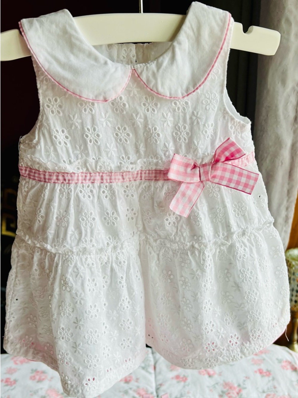 White Eyelet Baby Dress with Pink Gingham Bow